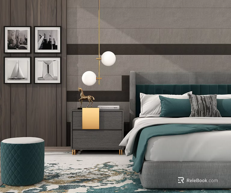 Double Bed with Gray Teal Headboard White Teal Pillows Nightstand Framed Photos Pendant Lights Rug 3d model 