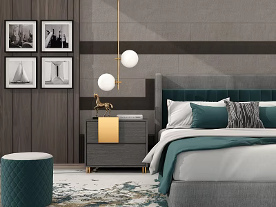 Double Bed with Gray Teal Headboard White Teal Pillows Nightstand Framed Photos Pendant Lights Rug 3d model