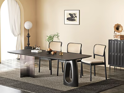 Modern Black Dining Table Set with Woven Backrest Chairs Floor Lamp and Wall Art 3d model
