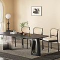 Modern Black Dining Table Set with Woven Backrest Chairs Floor Lamp and Wall Art