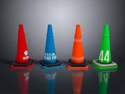 Colorful Traffic Cones With Red Warning Blue Do Not Pass Orange Reflective Stripes Green 44 3d model