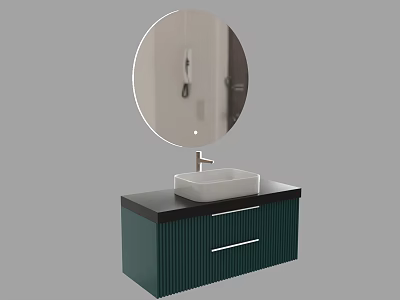 Modern Bathroom Vanity With Round Mirror White Sink And Green Cabinet 3d model
