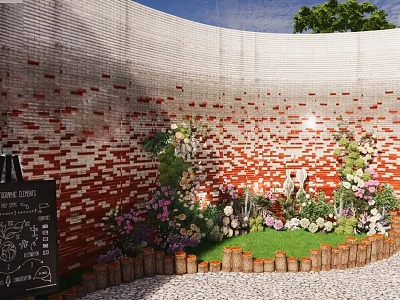 Garden Landscape With Red Brick Wall Green Plants Flowers Wooden Fence And Pebble Ground 3d model