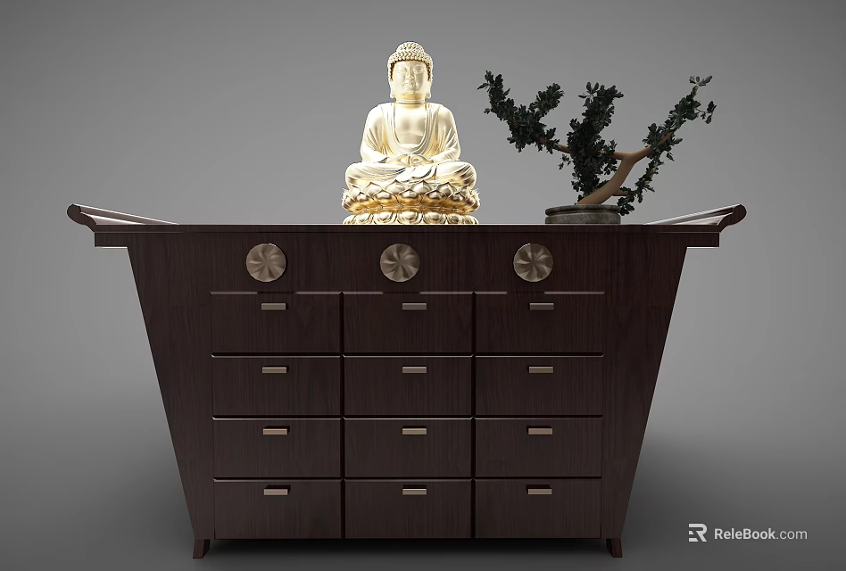 Dark Wood Console Cabinet With Golden Buddha Statue Green Plant And Circular Accents 3d model 