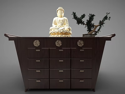 Dark Wood Console Cabinet With Golden Buddha Statue Green Plant And Circular Accents 3d model