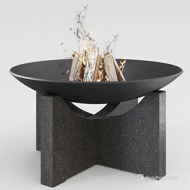 Outdoor Black Fire Pit With Burning Wood Logs And Square Stone Base 3d model