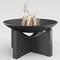 Outdoor Black Fire Pit With Burning Wood Logs And Square Stone Base 3d model