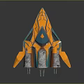 Futuristic Cosmic Aerospace Spaceship With Blue Glowing Engines And Orange Silver Design