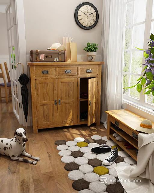 Natural Wood Shoe Cabinet With Open Door Showing Shoes Luggage And Potted Plant On Top 3d model 