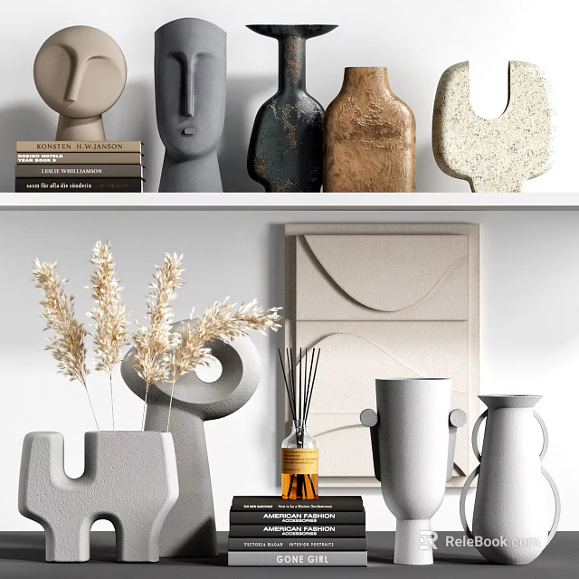 Modern Decorative Ornament Combination with Abstract Sculptures Vases Dried Pampas Grass and Books on Shelf 3d model 