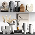 Modern Decorative Ornament Combination with Abstract Sculptures Vases Dried Pampas Grass and Books on Shelf