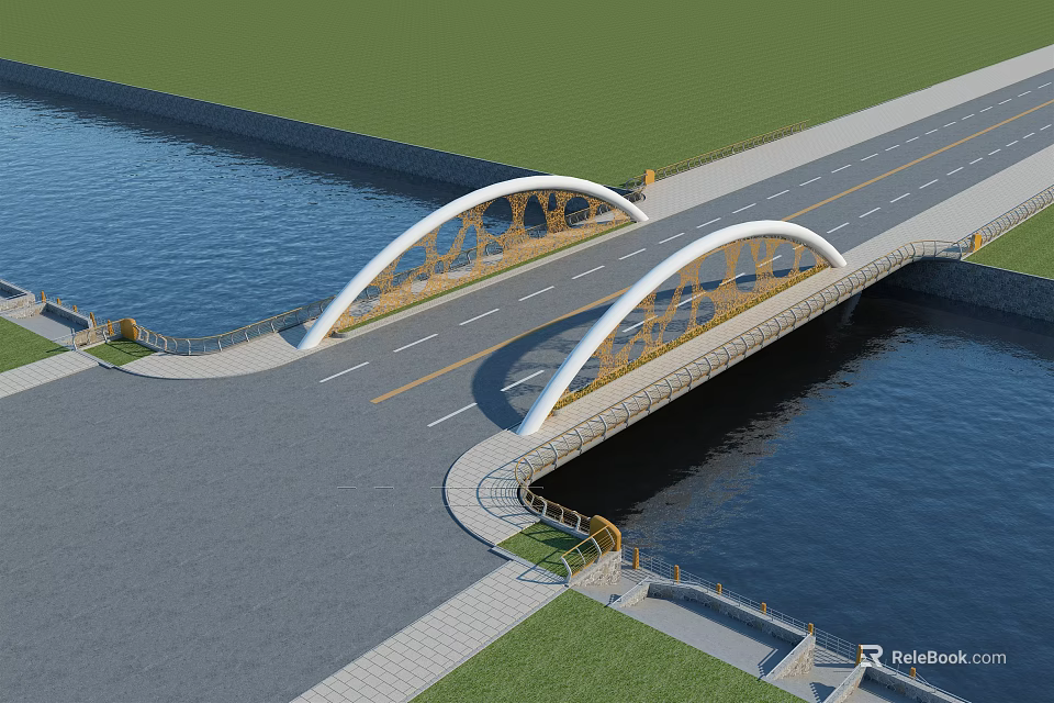 Modern Arch Bridge With Decorative Elements Over River Connecting Road And Grass 3d model
