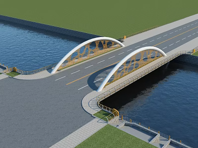Modern Arch Bridge With Decorative Elements Over River Connecting Road And Grass 3d model
