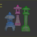 Three Variously Designed Stone Lanterns With Mossy Surfaces On Reflective Dark Background