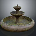 Three Tiered Stone Fountain With Weathered Surface And Round Base