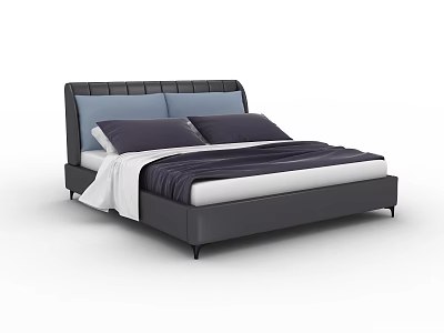Modern Double Bed With Grey Blue Headboard Purple Pillows White Sheets Dark Comforter 3d model