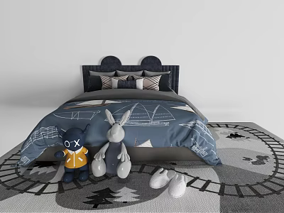 Kids Bed With Round Headboard Blue Bedding Sailboat Pattern Stuffed Toys And Railroad Rug 3d model