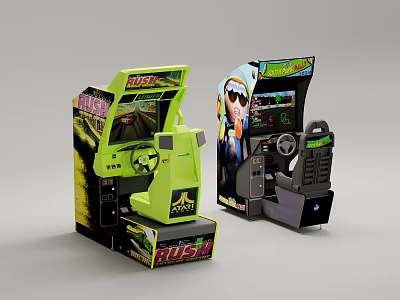 Arcade Game Machines with Steering Wheels Racing Game Screens and Cartoon Characters Design 3d model