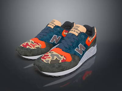 Stylish New Balance Lifestyle Sneakers With Navy Blue Orange Camouflage And White Sole 3d model