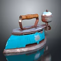 Vintage Electric Iron With Blue Body Wooden Handle And Retro Metal Container