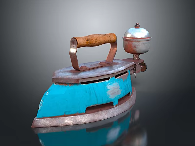 Vintage Electric Iron With Blue Body Wooden Handle And Retro Metal Container 3d model