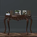 Elegant Wooden Carved Console Table With Books Potted Plant Photo Frame On Gray Wall
