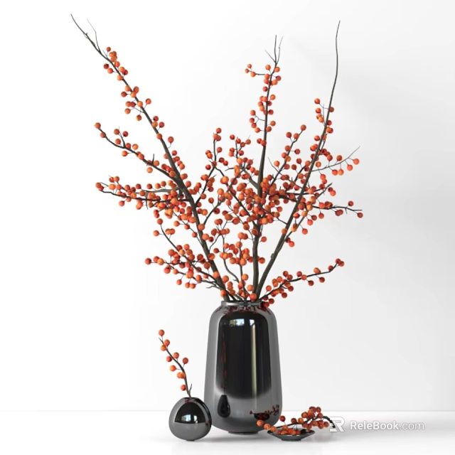 Elegant Black Vase Home Decor With Red Berry Branches On White Background 3d model 