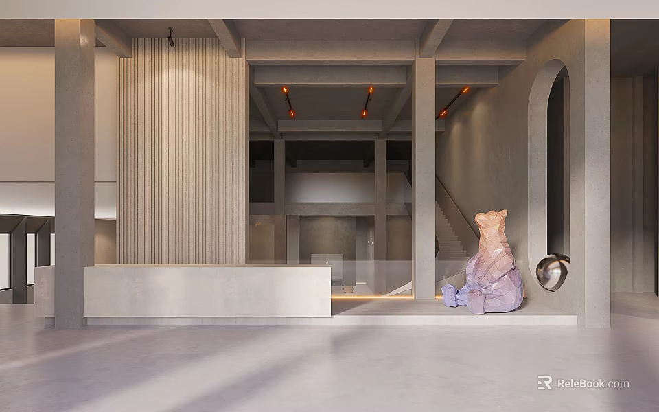 Modern Showroom Interior With Wooden Slat Walls Reception Counter Purple Sculpture And Orange Ceiling Lights 3d model 