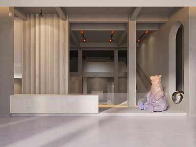 Modern Showroom Interior With Wooden Slat Walls Reception Counter Purple Sculpture And Orange Ceiling Lights 3d model