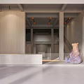 Modern Showroom Interior With Wooden Slat Walls Reception Counter Purple Sculpture And Orange Ceiling Lights
