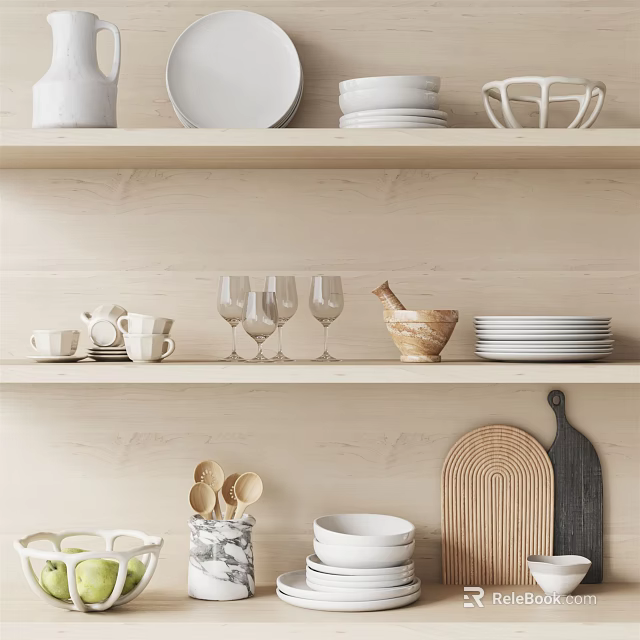 Wooden Kitchen Shelves Displaying White Bowls Plates Wine Glasses Wooden Mortar And Cutting Boards 3d model 