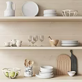 Wooden Kitchen Shelves Displaying White Bowls Plates Wine Glasses Wooden Mortar And Cutting Boards