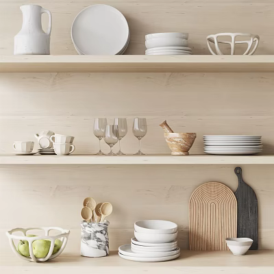 Wooden Kitchen Shelves Displaying White Bowls Plates Wine Glasses Wooden Mortar And Cutting Boards 3d model