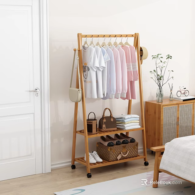 Bamboo Clothes Rack With Hanging T Shirts Shelves And Bags Shoes For Bedroom Storage 3d model 