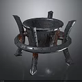 Worn Rusted Metal Crucible With Circular Basin Riveted Ring And Spiked Legs