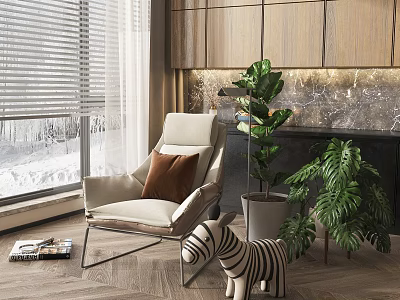 Accent Chair With Zebra Toy Potted Plants Magazine Window Blinds Wooden Floor and Wall 3d model
