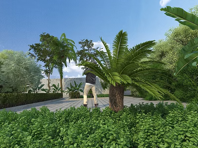 Garden Landscape With Person Green Plants Palm Trees Shrubs Stone Pathway And Blue Sky 3d model