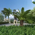 Garden Landscape With Person Green Plants Palm Trees Shrubs Stone Pathway And Blue Sky