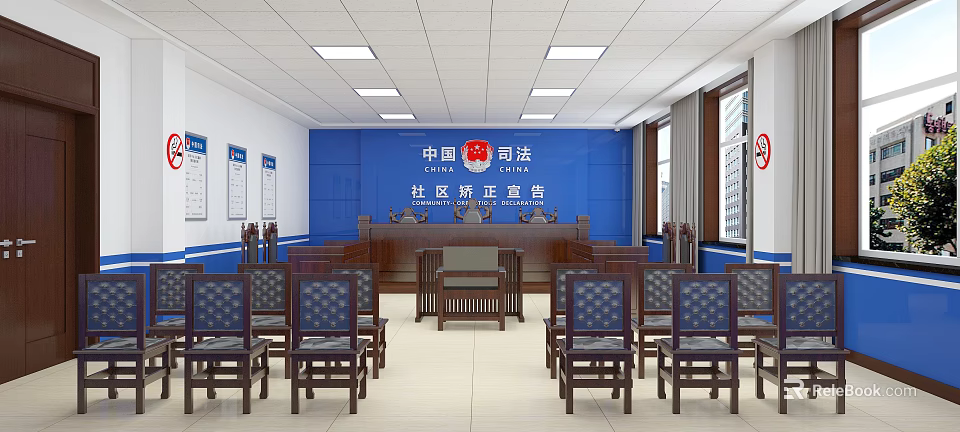 Community Correction Court Interior With Wooden Chairs Tables Blue Walls And Signage 3d model 