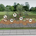 Hexagonal Wooden Garden Decor Structure with Plant Illustrations Surrounded by Green Plants and Flowers