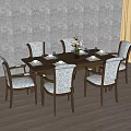 Wooden Dining Table Set Featuring Six Patterned Backrest Chairs Tableware And Flower Arrangement