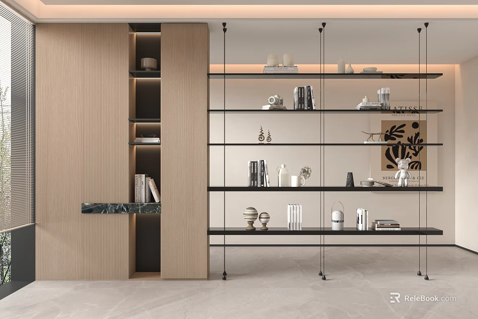 Modern Wooden Bookcase Design With Open Glass Shelves And Decorative Items 3d model 