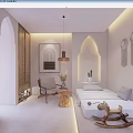 Cozy Minimalist Hotel Guest Room with Arched Archway Light Walls Platform Bed and Rocking Horse
