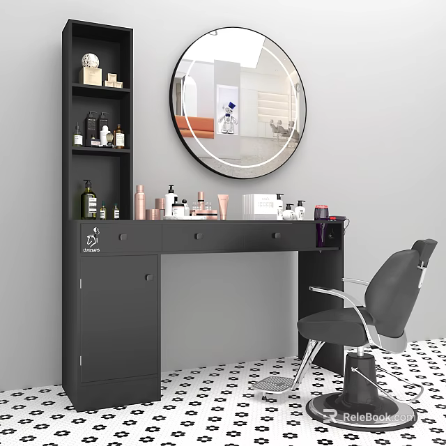 Stylish Black Desk Setup With Cosmetics Skincare Products Round Mirror And Chair 3d model 