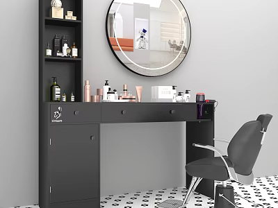 Stylish Black Desk Setup With Cosmetics Skincare Products Round Mirror And Chair 3d model
