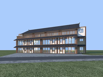 Traditional Modern Blend Two Story Boutique Guesthouse Building With Black Tiled Roof And Large Windows 3d model