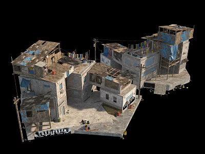 Ramshackle Slum Structures With Hanging Clothes Wooden And Metal Sheets Cluttered Layout And CRITINA Sign 3d model