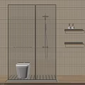 Shower Head In Modern Shower Room With Glass Enclosure Light Tile Walls Toilet And Shelf