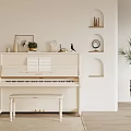 White Piano Interior With Sheet Music Plants Arched Shelves And Woven Planter
