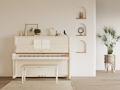 White Piano Interior With Sheet Music Plants Arched Shelves And Woven Planter 3d model